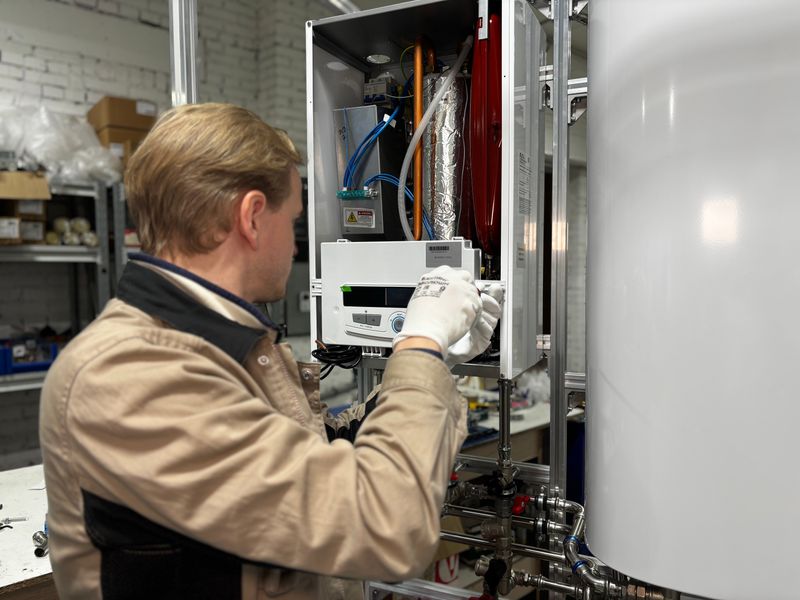 Plumber servicing a tank water heater in a utility room